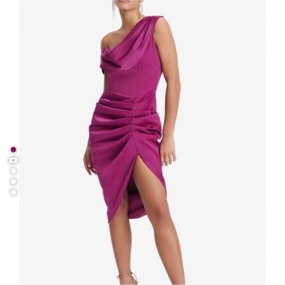 Lavish Alice Mya Midi Dress Size 14 Off Shoulder Cocktail Satin Ruched Purple